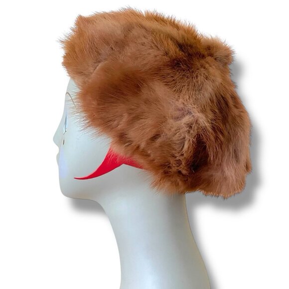 Vintage 1960s Womens Red-Brown Mink Fur Beret Pom Pom Hat Boho Mod Winter Toque - Picture 8 of 13